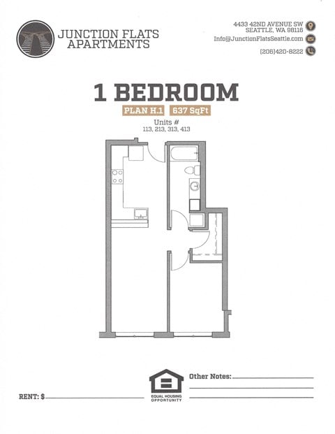Floor plan for 1 bed, 1 bath, 637 sqft
